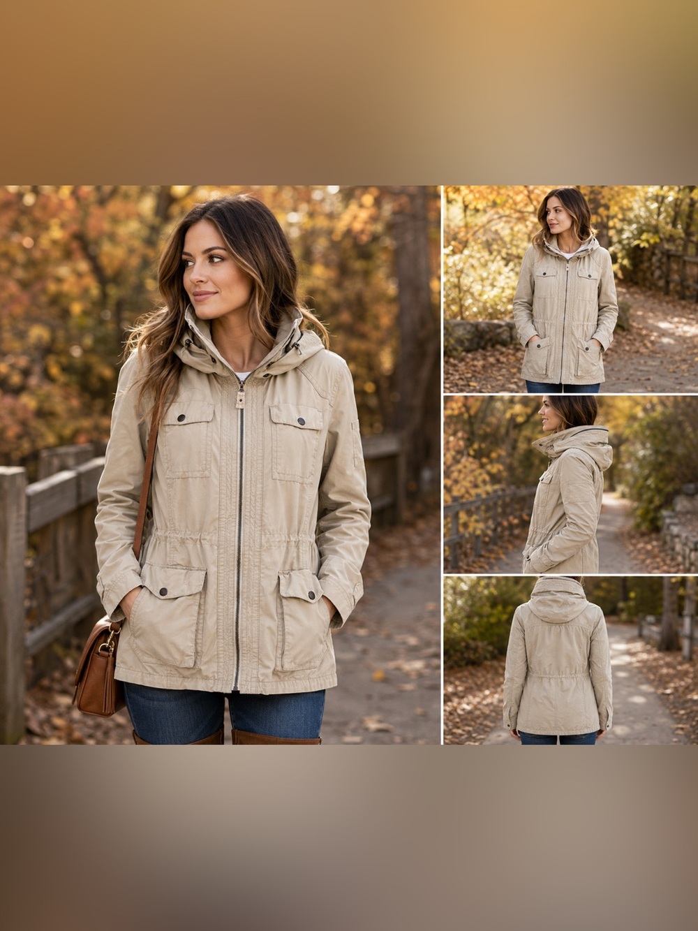 Eddie Bauer Travex Utility Jacket L Beige Hooded StormRepel UPF 30